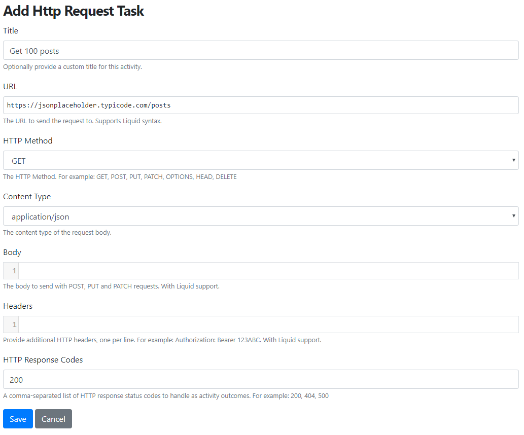 The editor of the HTTP Request Task to make a GET request