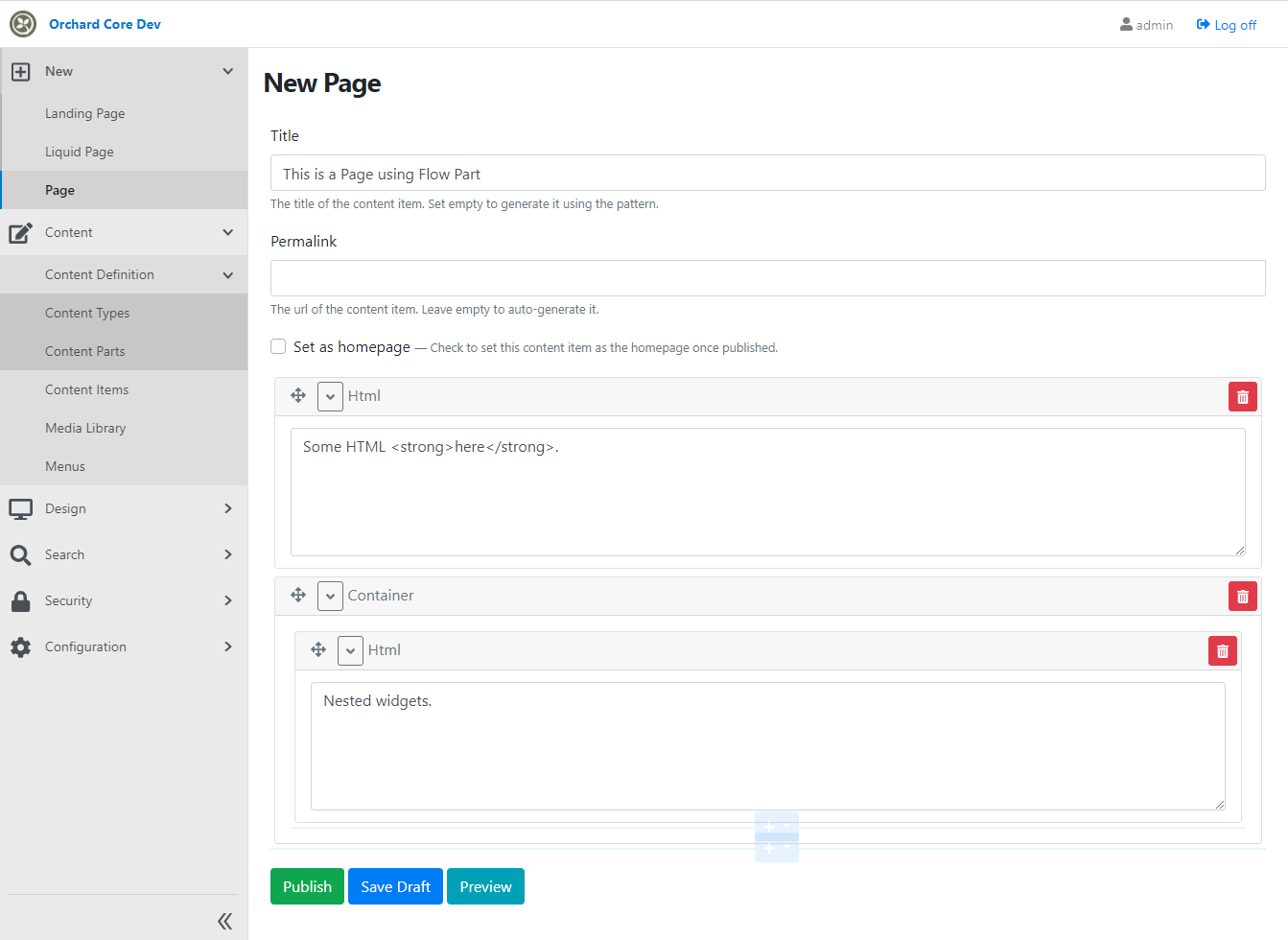 A view of the Orchard Core admin area when editing a Page content item using the Flow Part layout editor