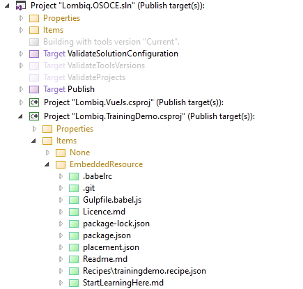 A segment of what MSBuild Structured Log Viewer shows when building an Orchard Core app