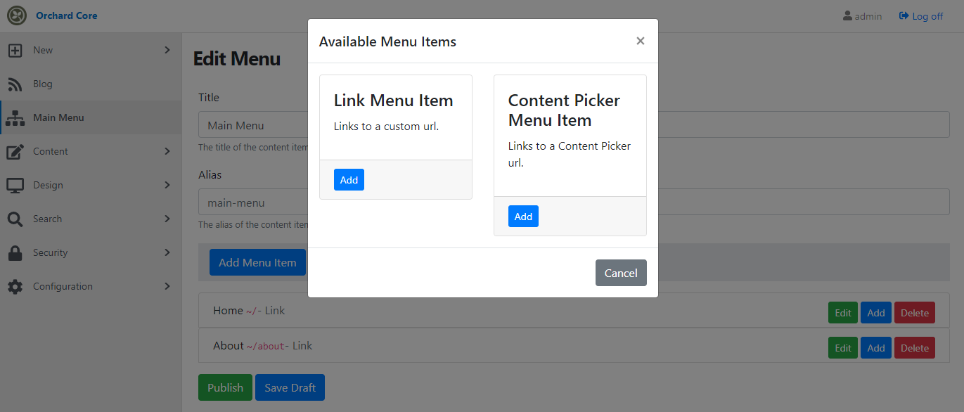 Content Picker Menu Item in the Available Menu Items modal window