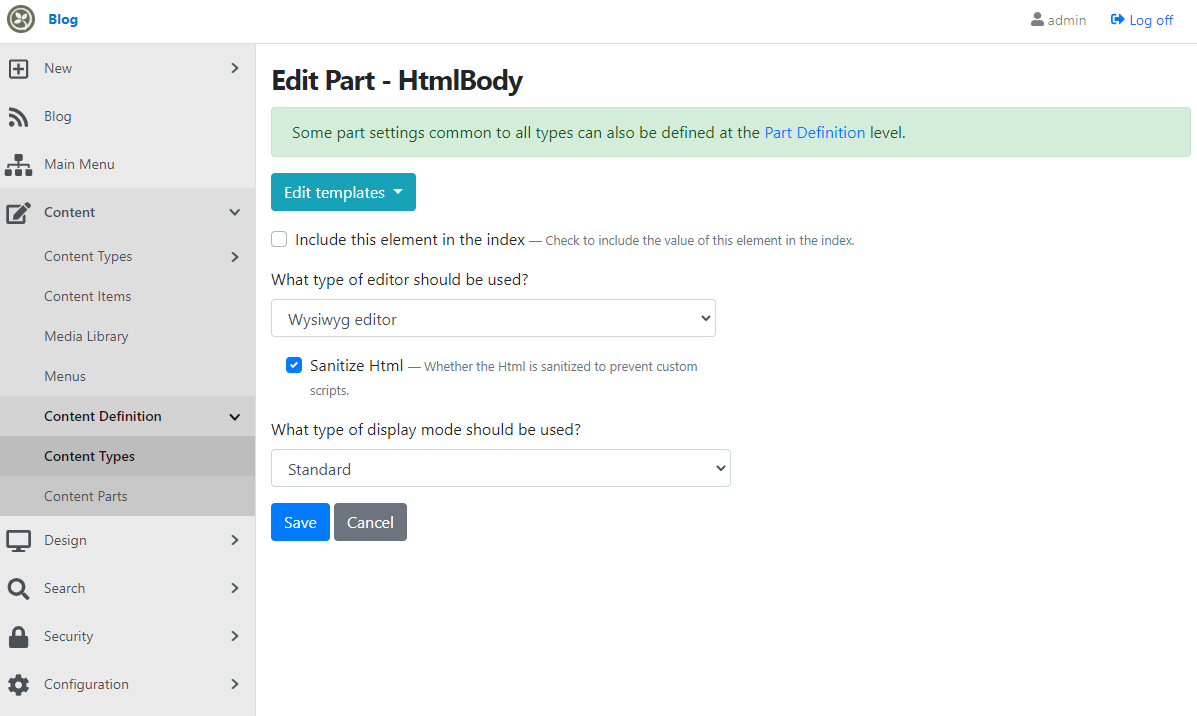 Setting the sanitize Html option in the editor of the HtmlBody Part