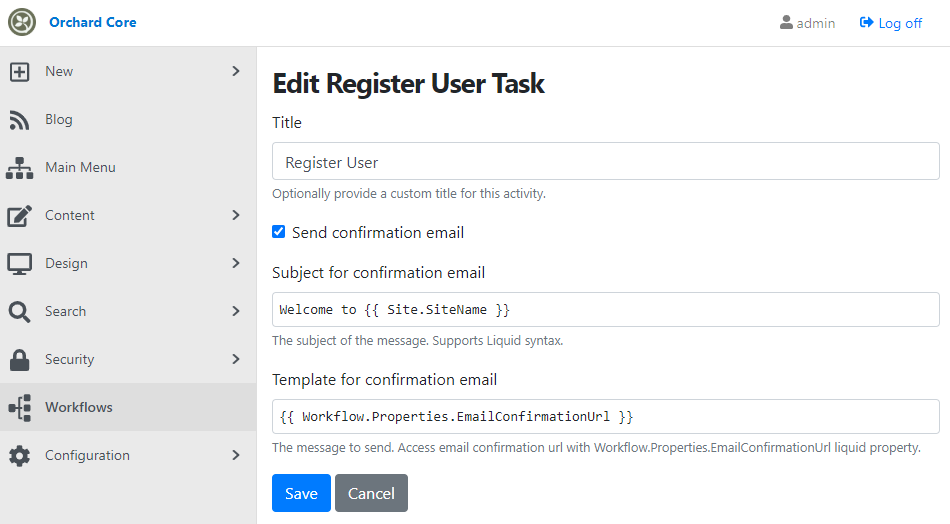 The editor of the Register User task