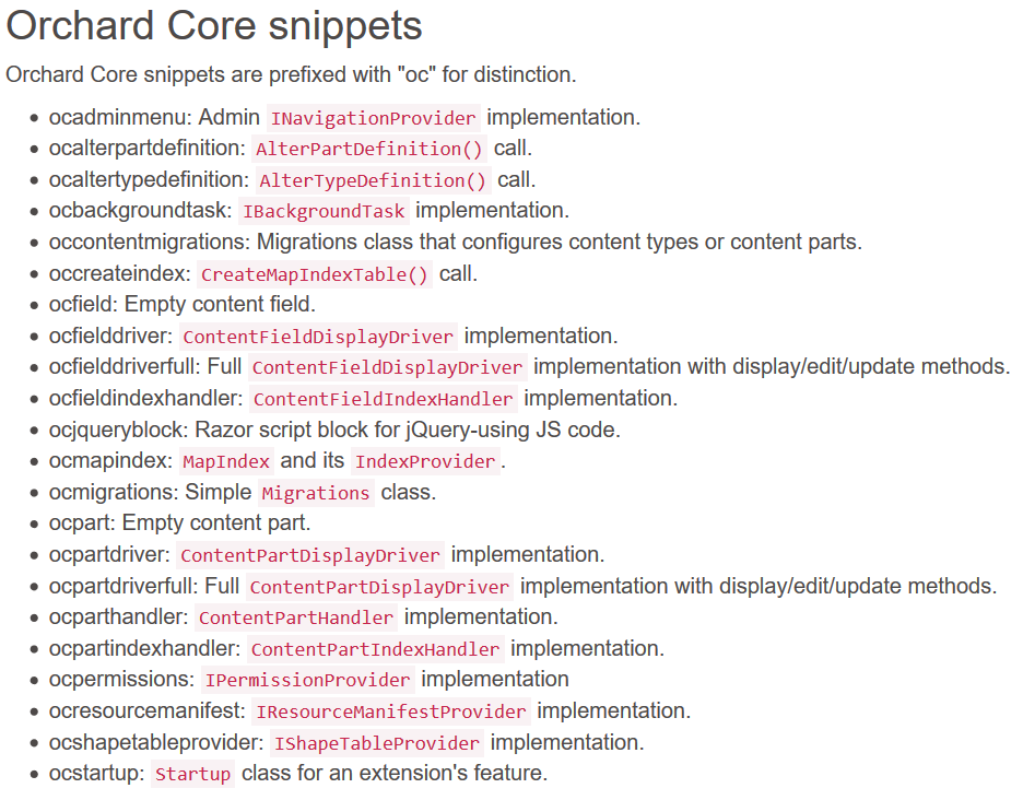 List of the available Orchard Core snippets