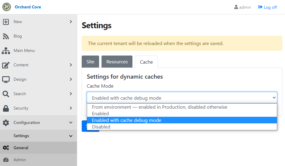 Settings for dynamic caches