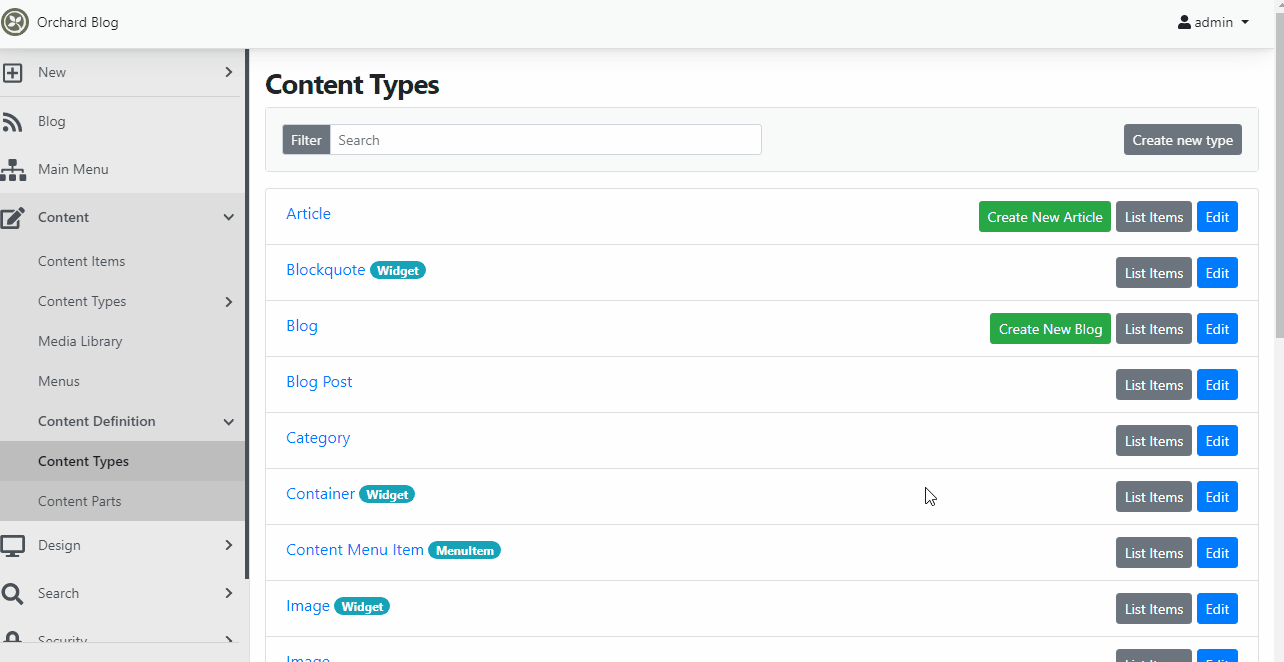 Sticky header on the Content Types menu