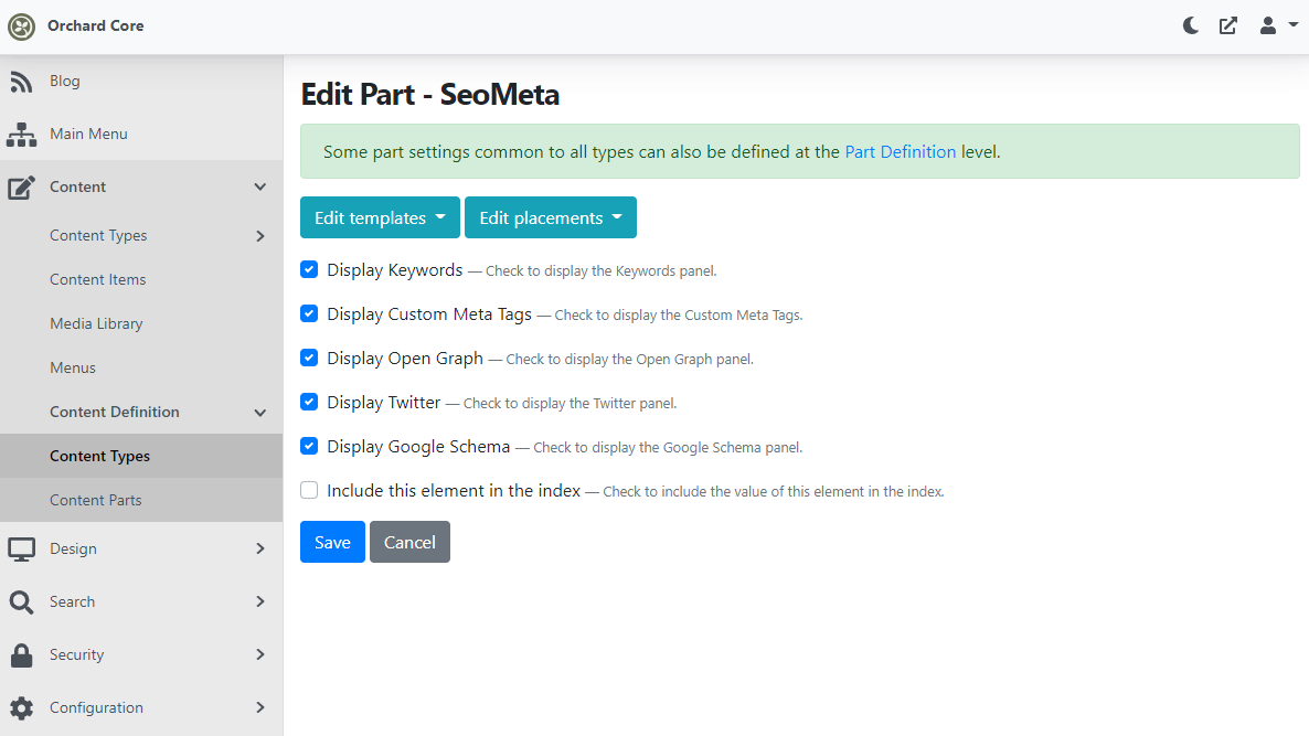 Editing the settings of the SeoMetaPart