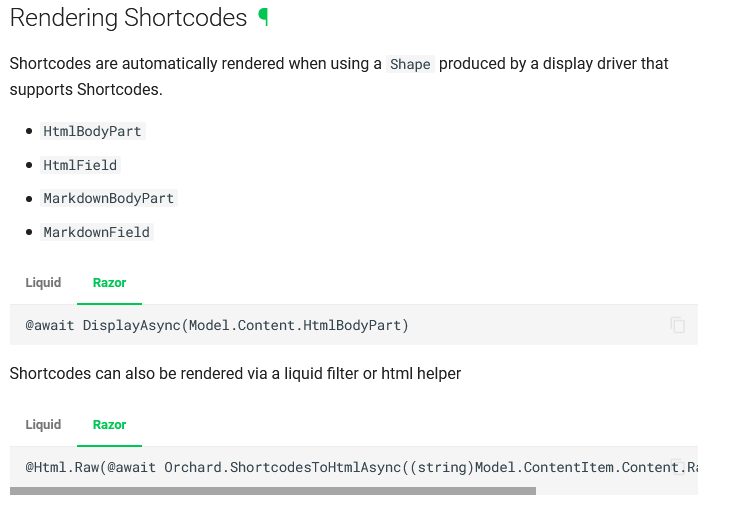 New section to the Orchard Core documentation about rendering Shortcodes