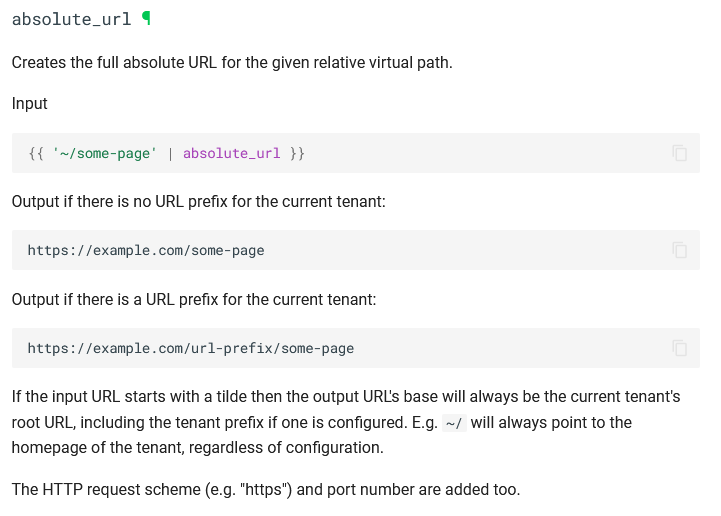 The absolute_url Liquid filter in the docs