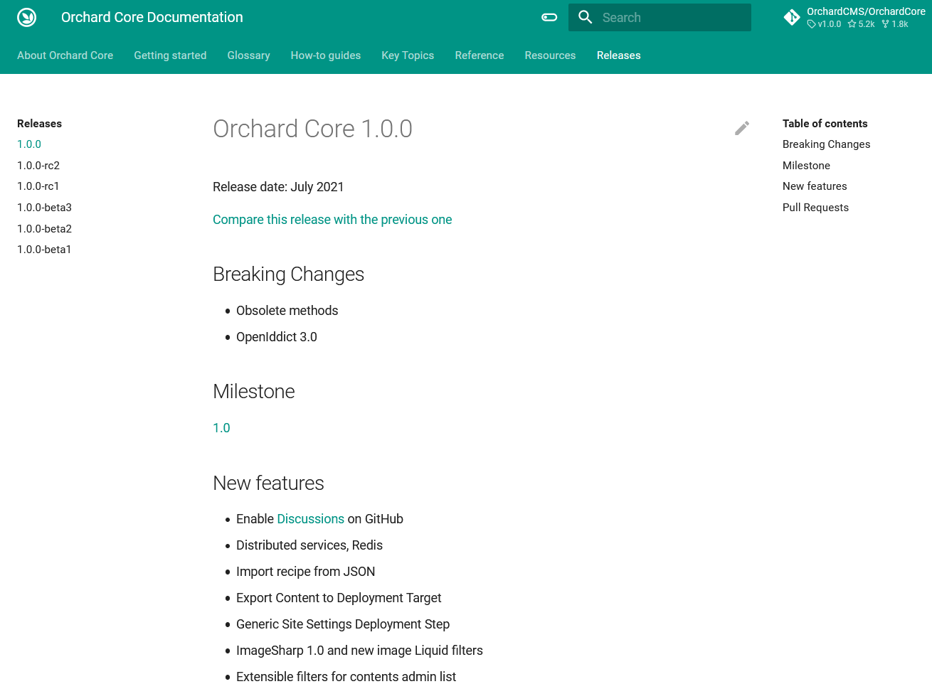 The Releases page on the Orchard Core Documentation site