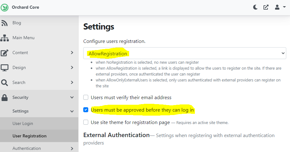 The updated User Registration Settings page