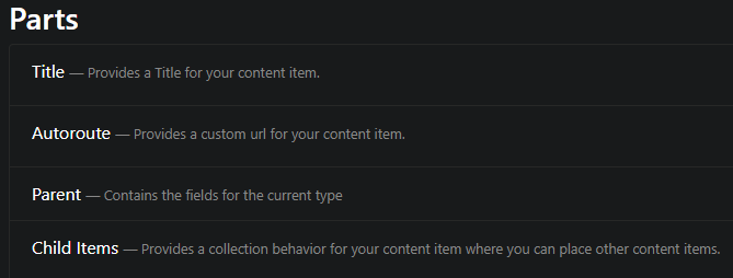 The attached parts of the parent content type