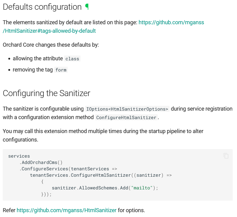 HTML Sanitizer defaults configuration
