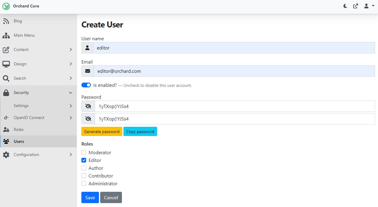 The new Create User screen with password options