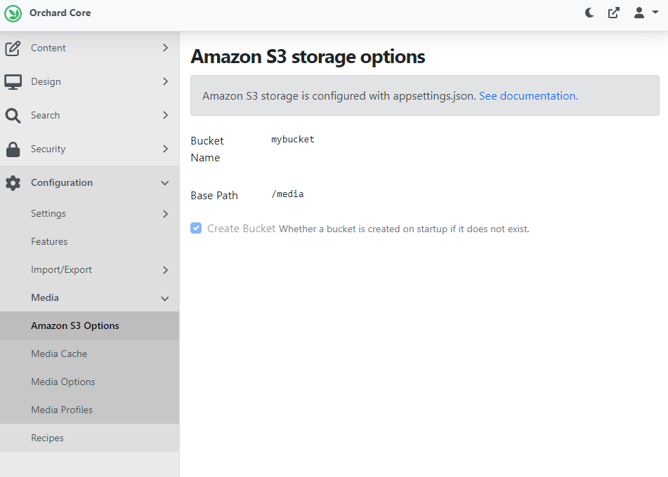 The Amazon S3 storage options page