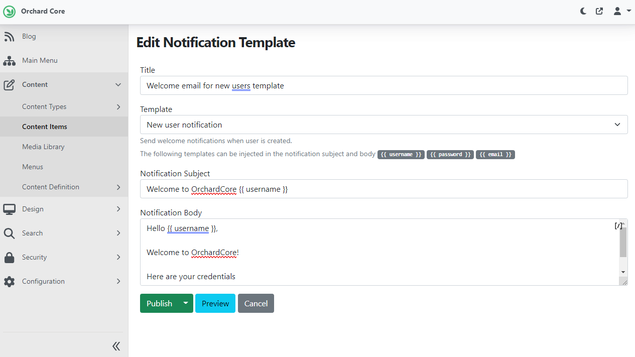 Creating a new user notification template