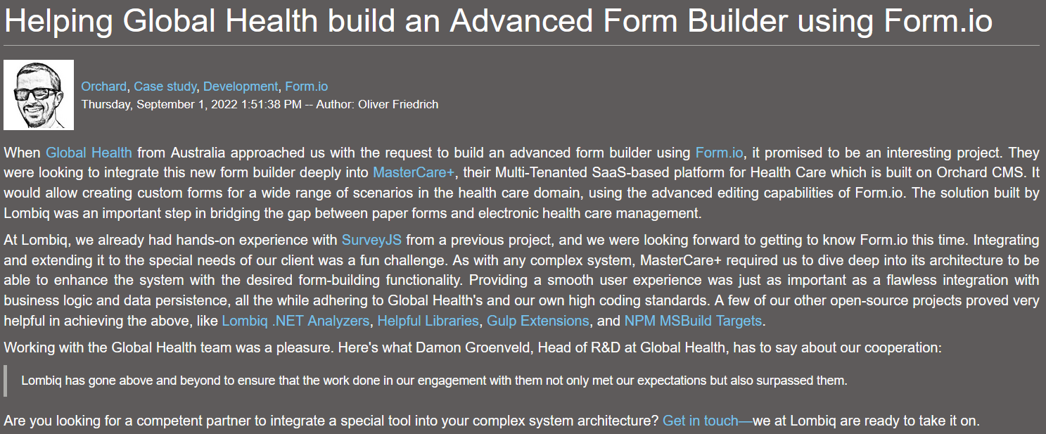 Lombiq helping Global Health to build an Advanced Form Builder using Form.io