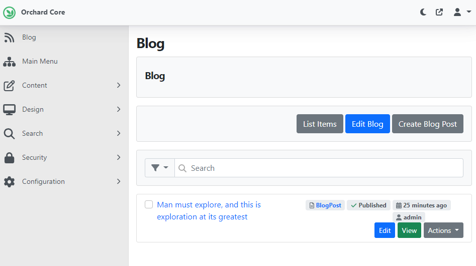 The blog content item with the new header