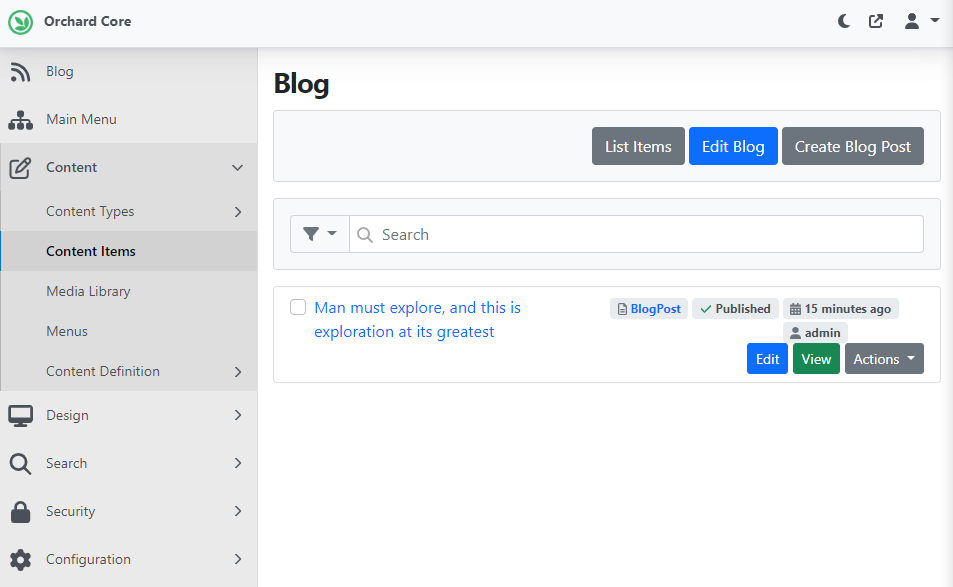 The blog content item with the new buttons
