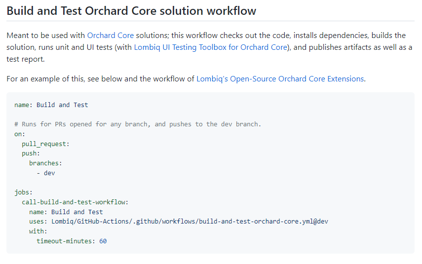 The Build and Test Orchard Core solution workflow