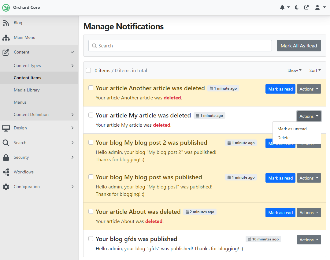 Manage Notifications page