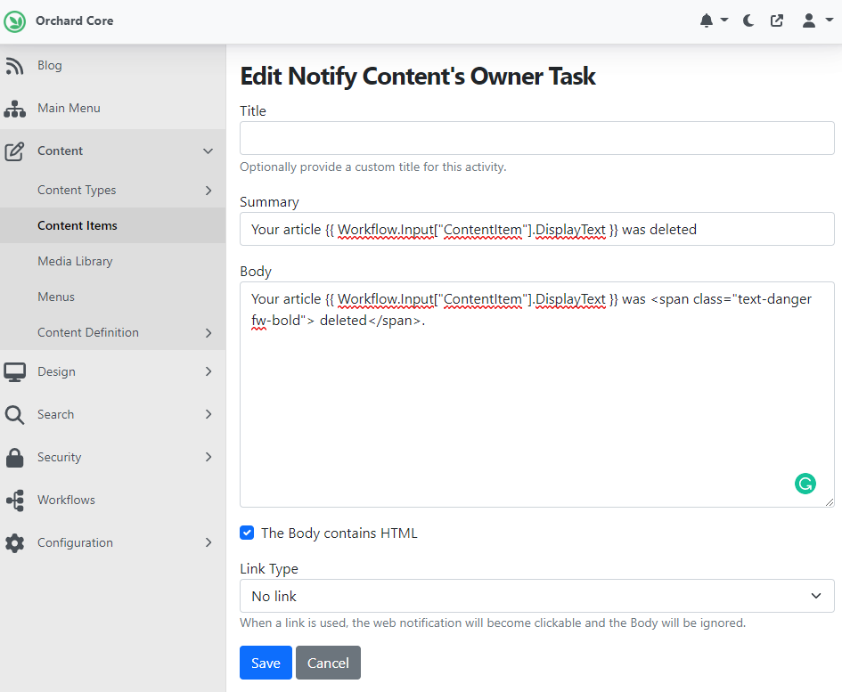 Activity to notify the content owner when an article was deleted