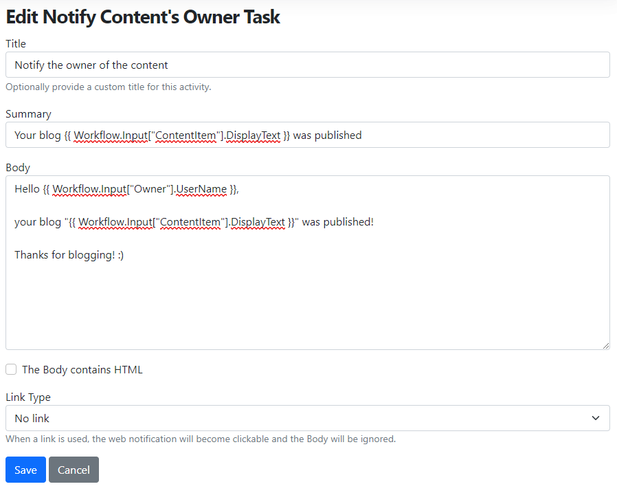 Activity to notify the content owner when a blog post is published