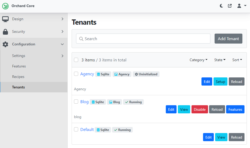 The new Features button on the tenant's list