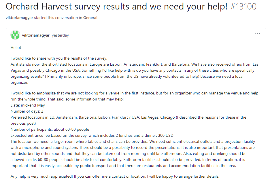 Orchard Harvest survey results GitHub Discussion