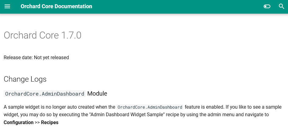 Admin Dashboard Widget Sample release notes