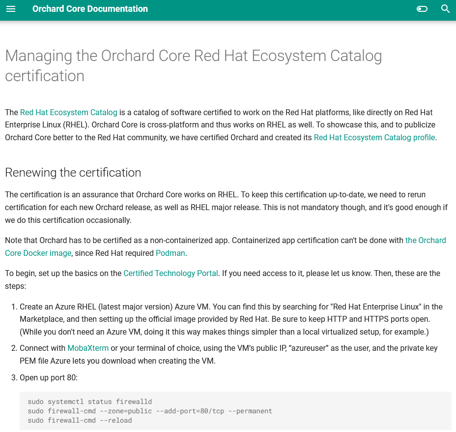 Managing the Orchard Core Red Hat Ecosystem Catalog certification