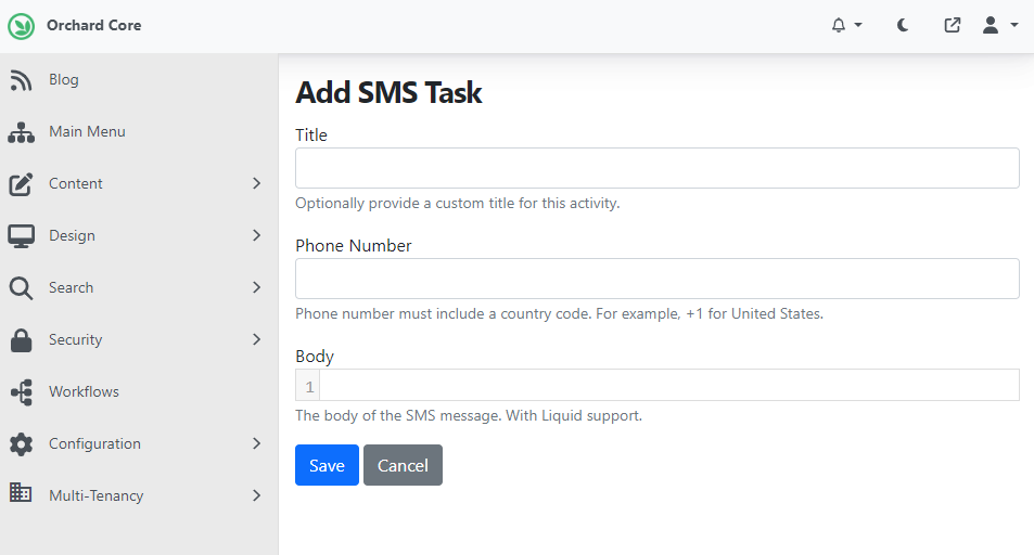 SMS Task settings