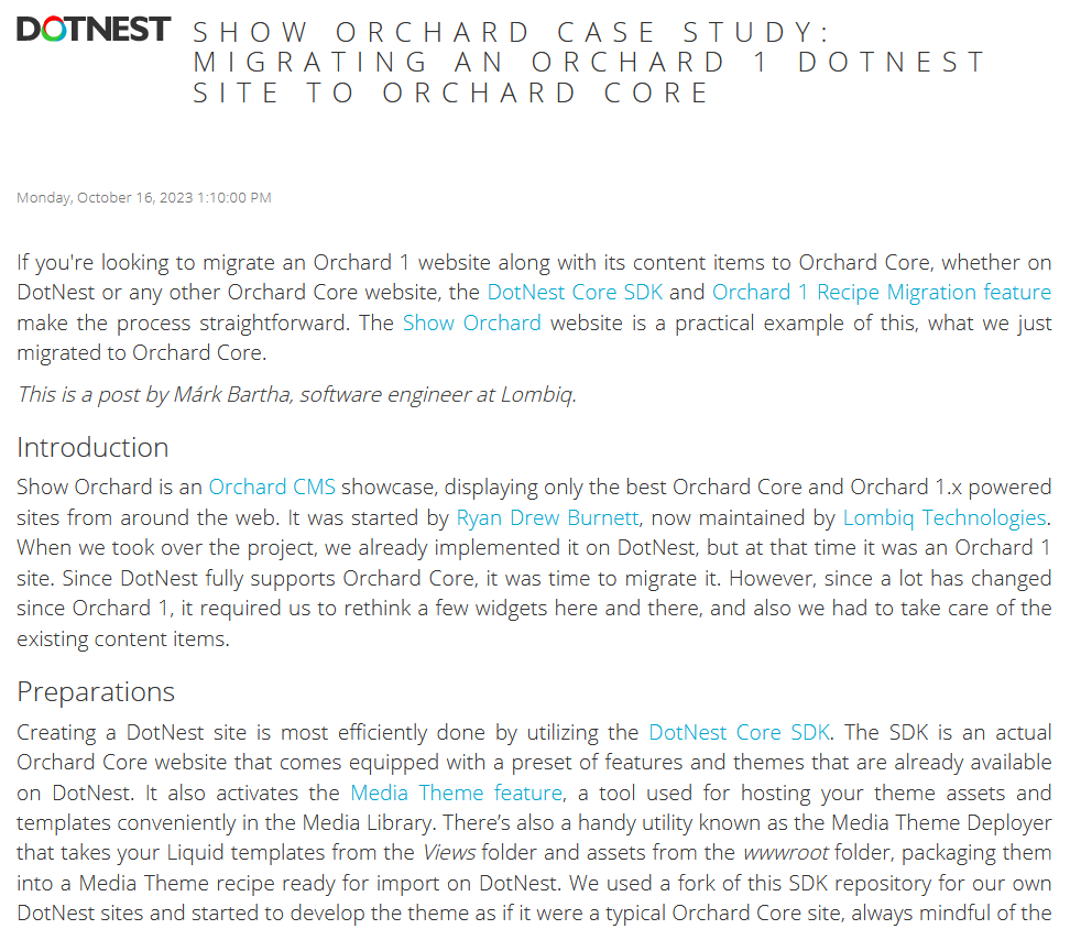 Show Orchard case study: Migrating an Orchard 1 DotNest site to Orchard Core