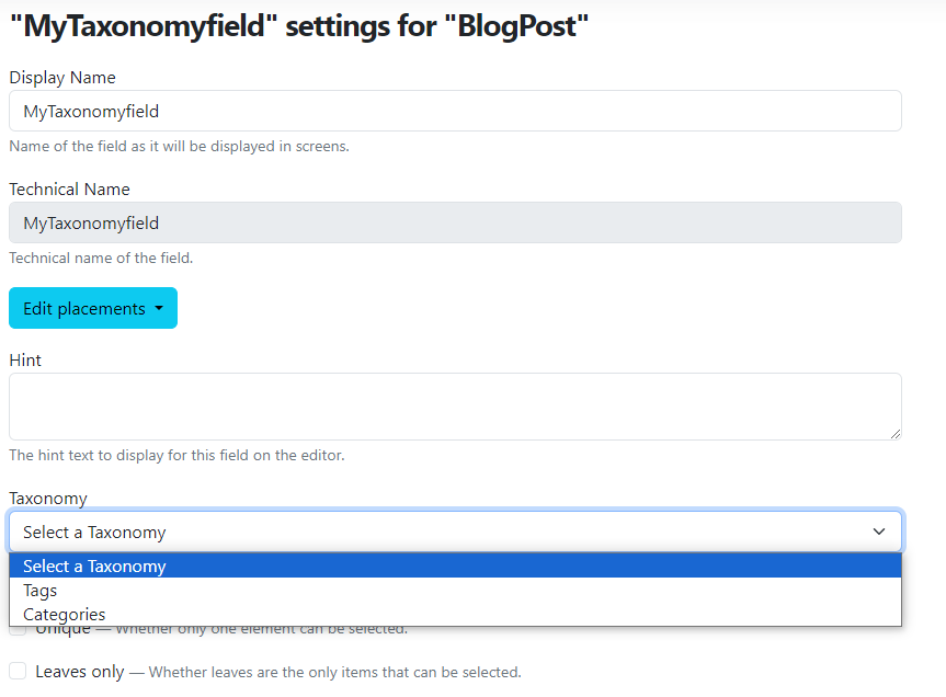 Taxonomy Field settings placeholder