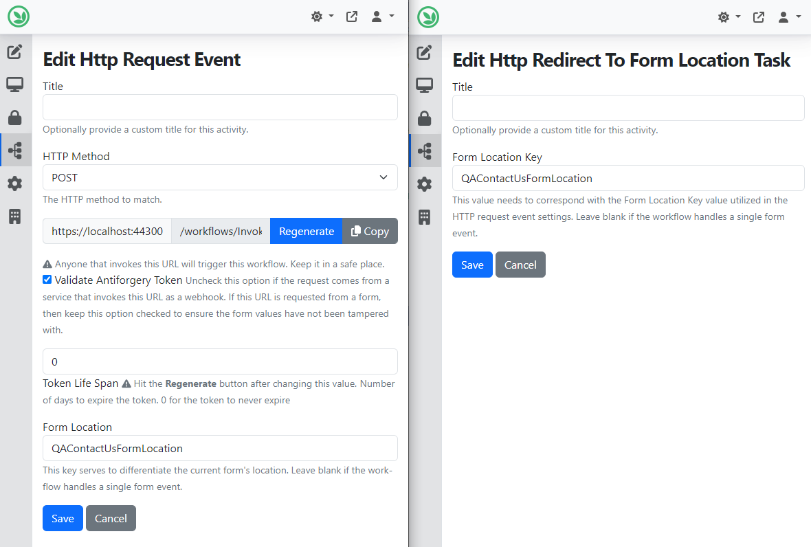 Http Request Event and Http Redirect To Form Location Task activities