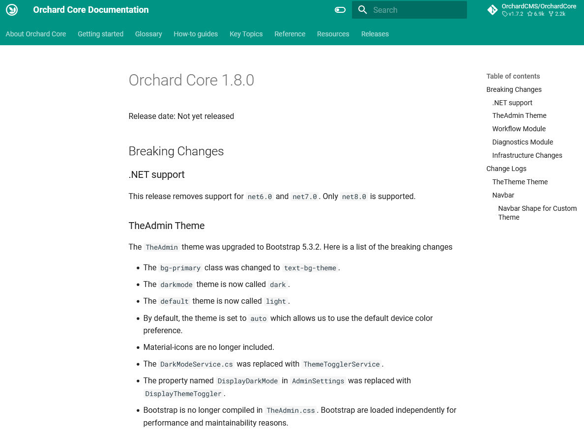 Orchard Core 1.8 .NET support