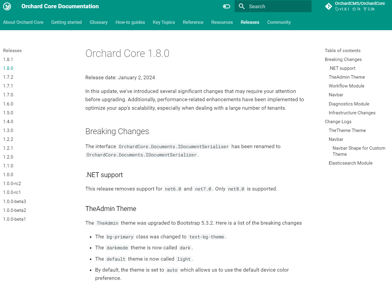 Orchard Core 1.8 release details
