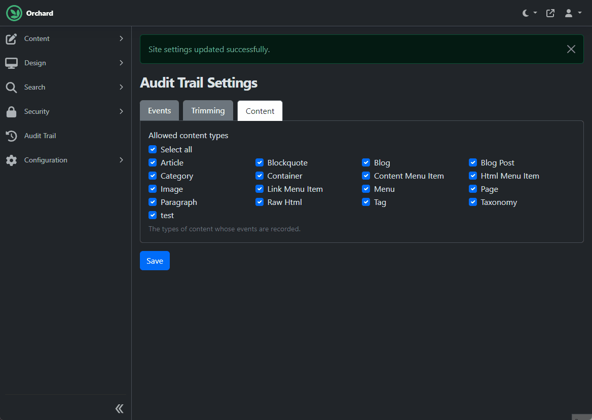 Select all Content Types checkbox