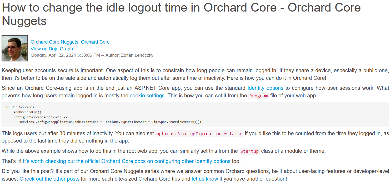 How to change the idle logout time in Orchard Core - Orchard Core Nuggets